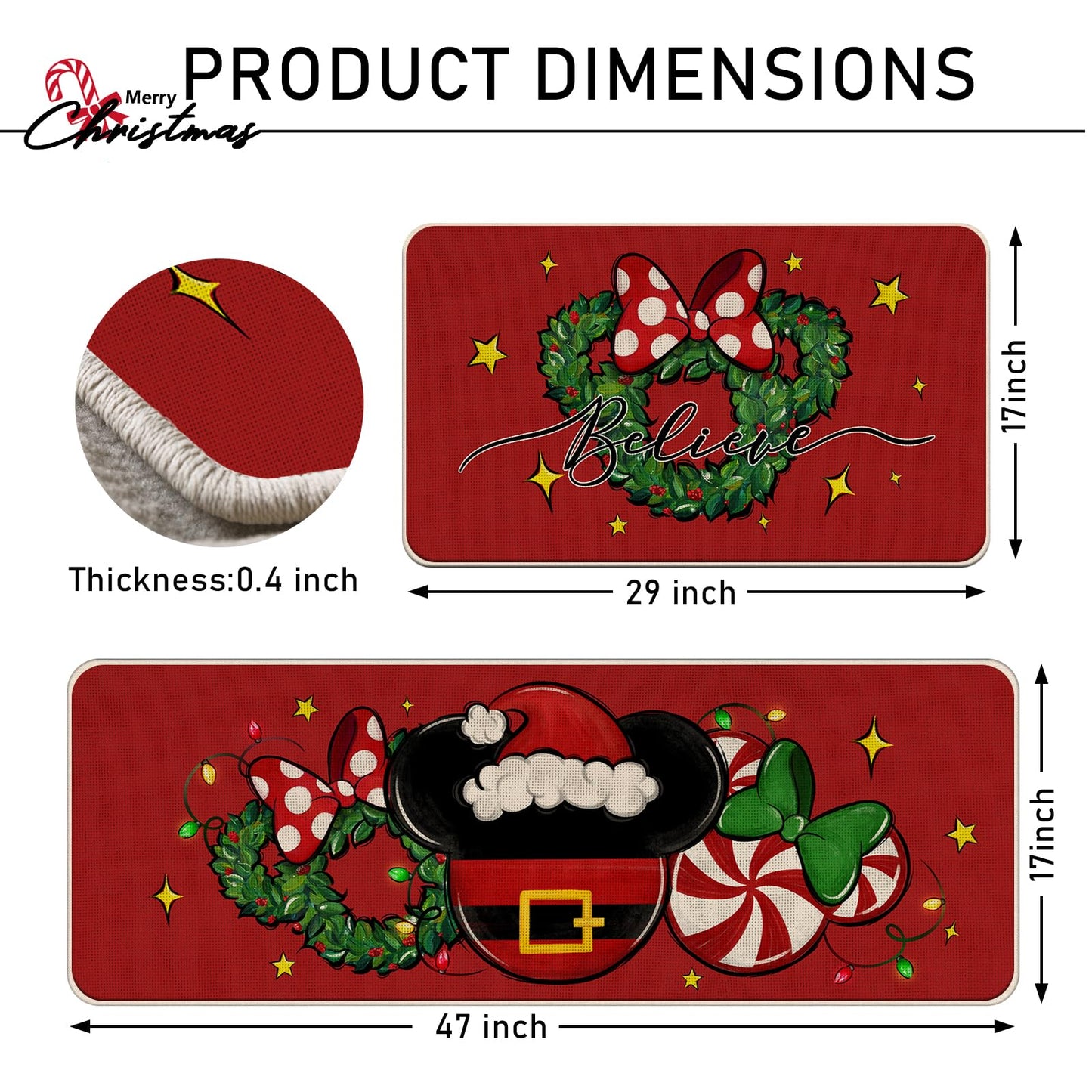 Tailus Christmas Believe Santa Mouse Red Kitchen Rugs Set of 2, Xmas Wreath Peppermint Candy Kitchen Mats Decor, Winter Holiday Floor Door Mat Home Decorations -17x29 and 17x47 Inch