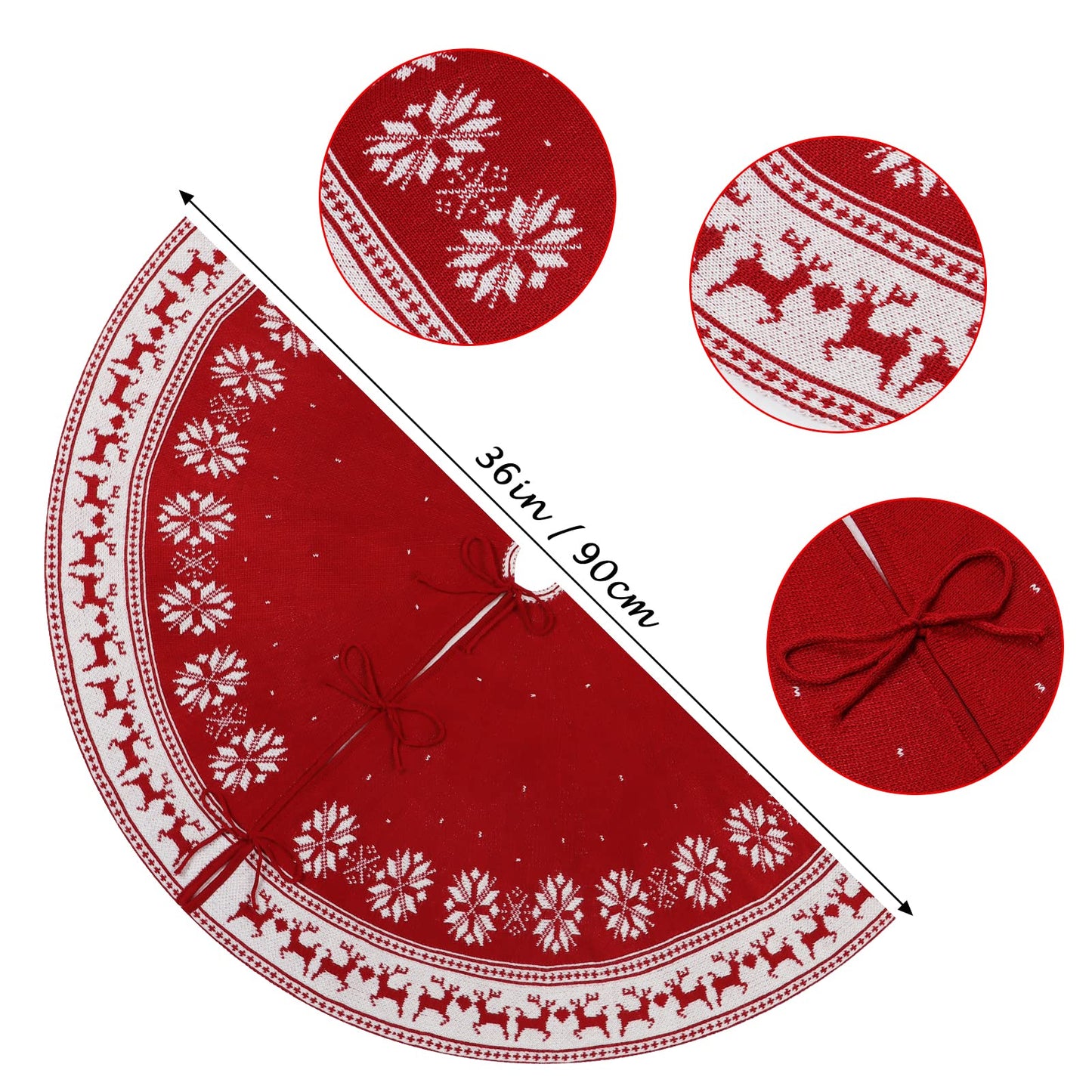 Dremisland Christmas Tree Skirt Rustic Christmas Tree Mat with Snowflake Reindeer Red Knitted Xmas Tree Skirts Thick Knitted Xmas Holiday Decoration New Year Home Party Decorations (Red, 36inch/90cm)