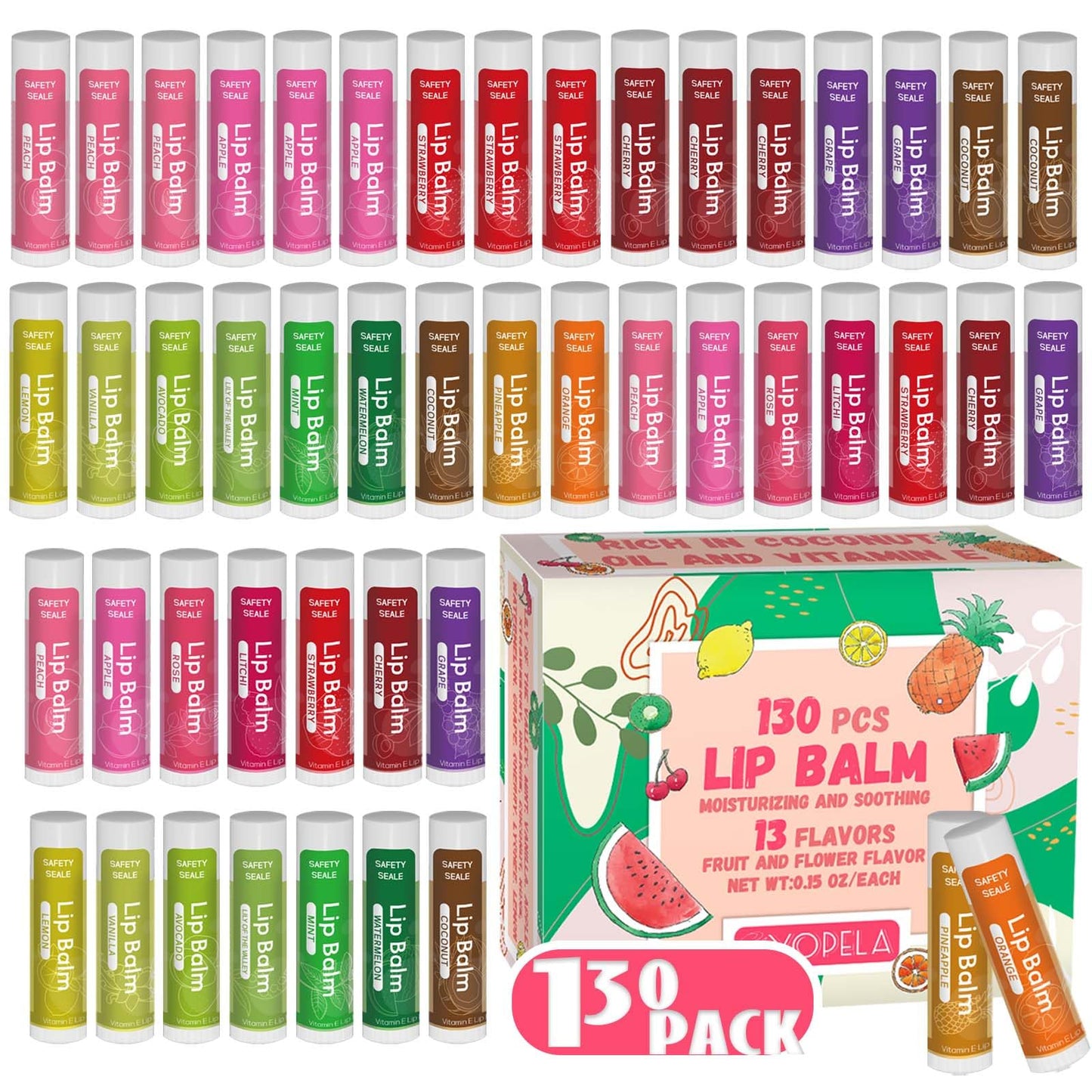 Yopela 130 Pack Natural Lip Balm Bulk with Vitamin E and Coconut Oil - Moisturizing, Soothing, and Repairing Dry and Chapped Lips - 13 Flavors - Non-GMO 0.15 Oz