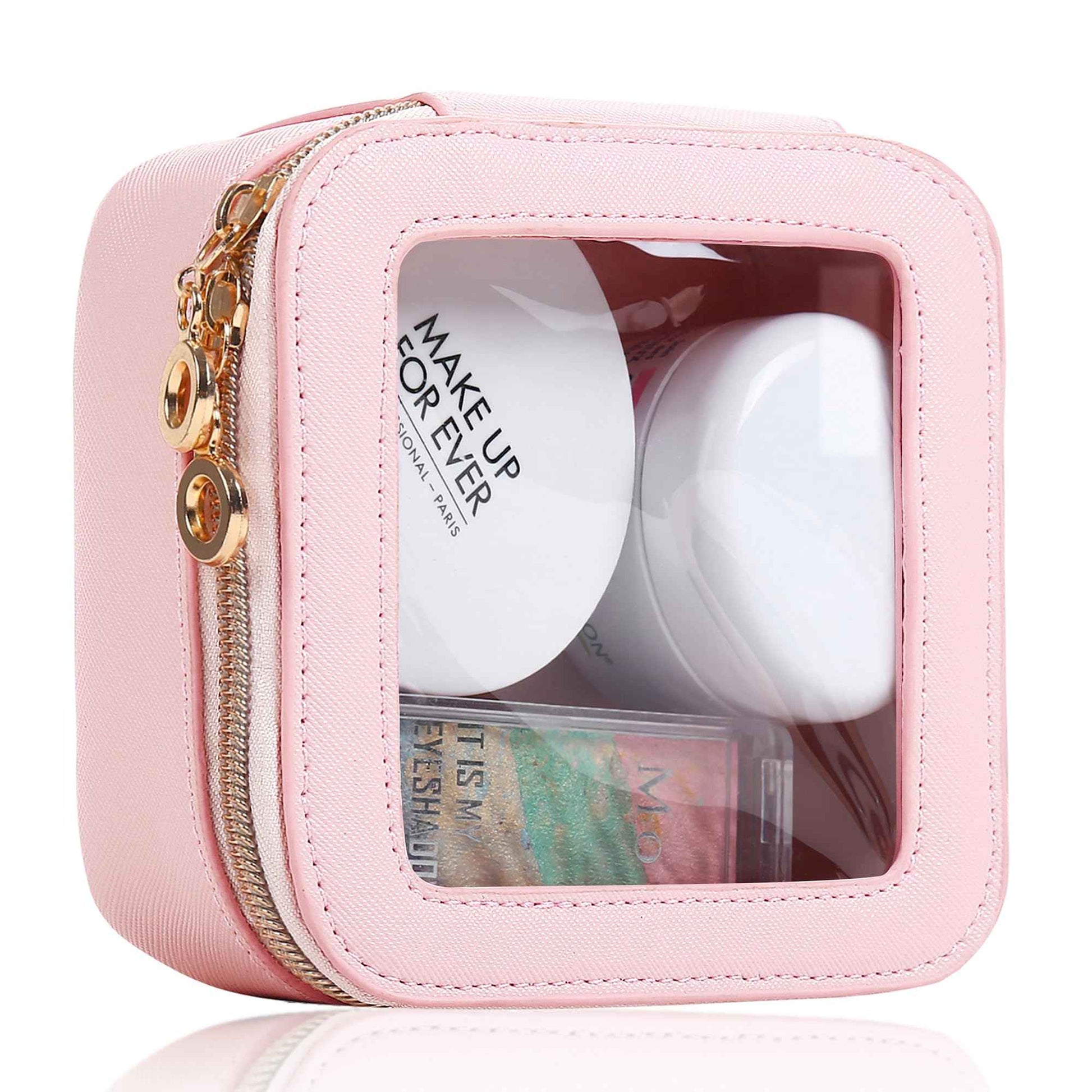 JRQCSJY Small Clear Makeup Bag for Purse, Cute Mini Clear Cosmetic Bag Case Organizer, TSA Approved Square Small Makeup Case Pouch with Zipper, Car Travel Purse Essentials for Women (Pink, S)