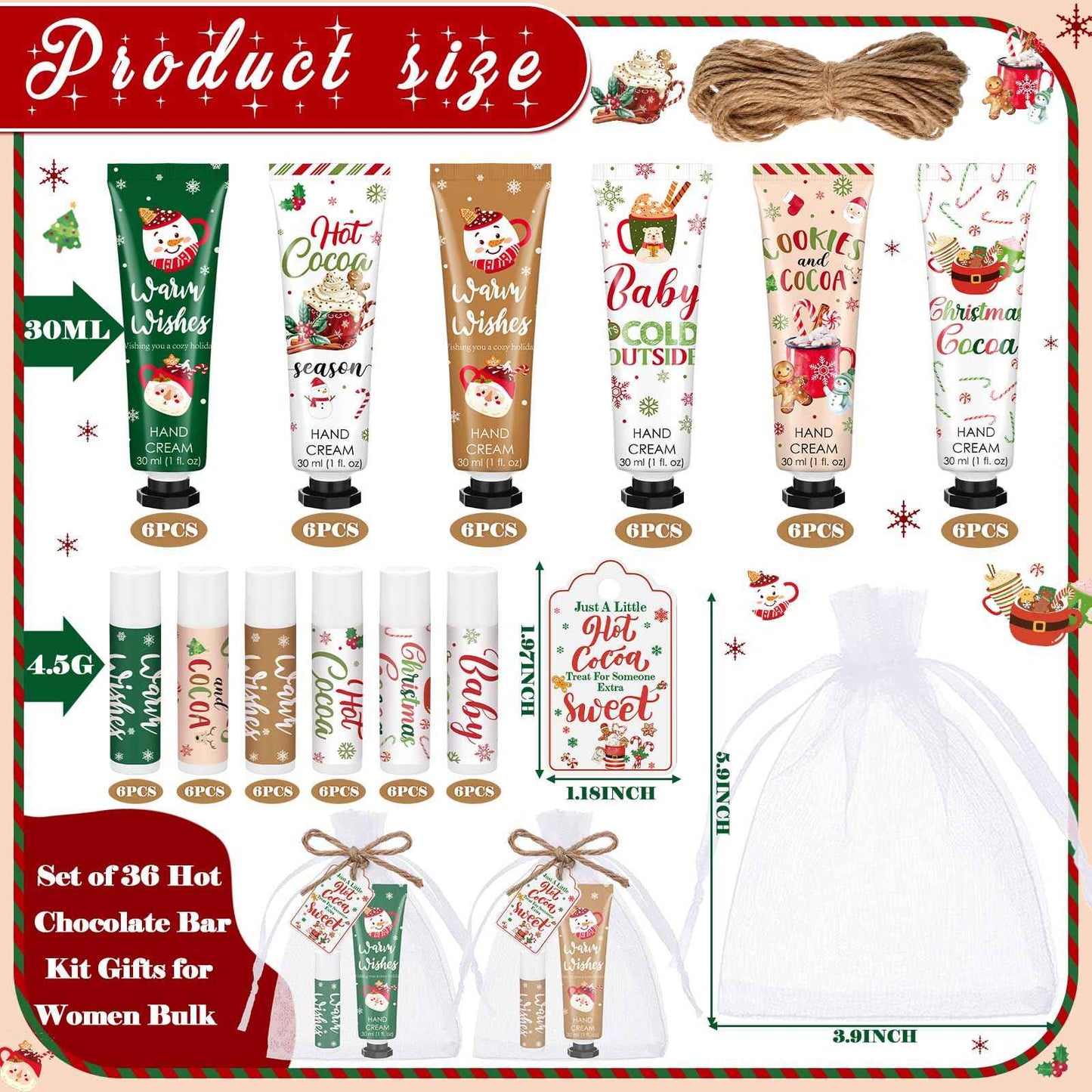 Demissle 36 Pcs Christmas Hot Cocoa Party Favors Hand Cream and Lip Balm Gifts Bulk Xmas Party Stuffers Christmas Stocking Favors Xmas Red Green Hot Cocoa Gifts Set for Baby Shower Guests