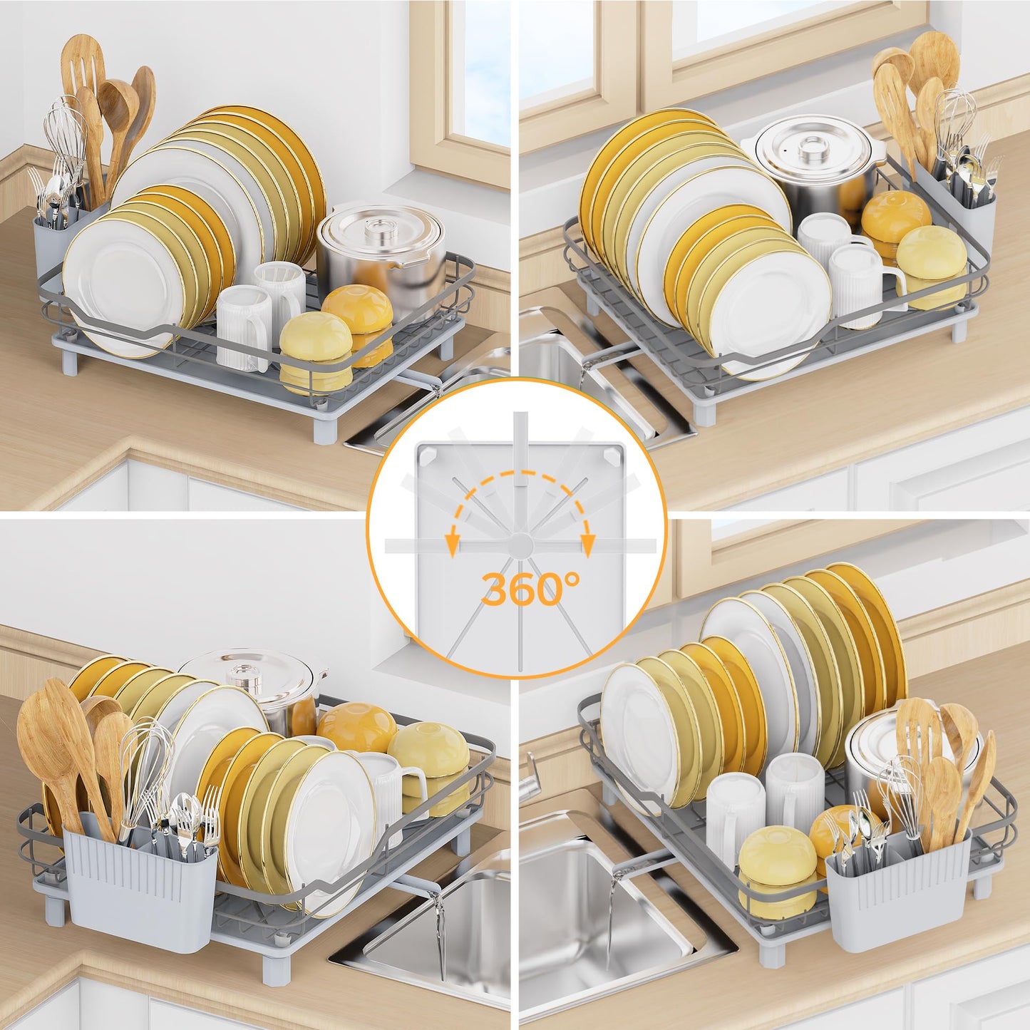 ROTTOGOON Dish Drying Rack, Stainless Steel Rustproof Dish Rack for Kitchen Counter, Sturdy Dish Drainer with Drainboard, Drainage, Utensil Holder for Various Kitchenware, 16.2"(L) x 12.6"(W), Grey