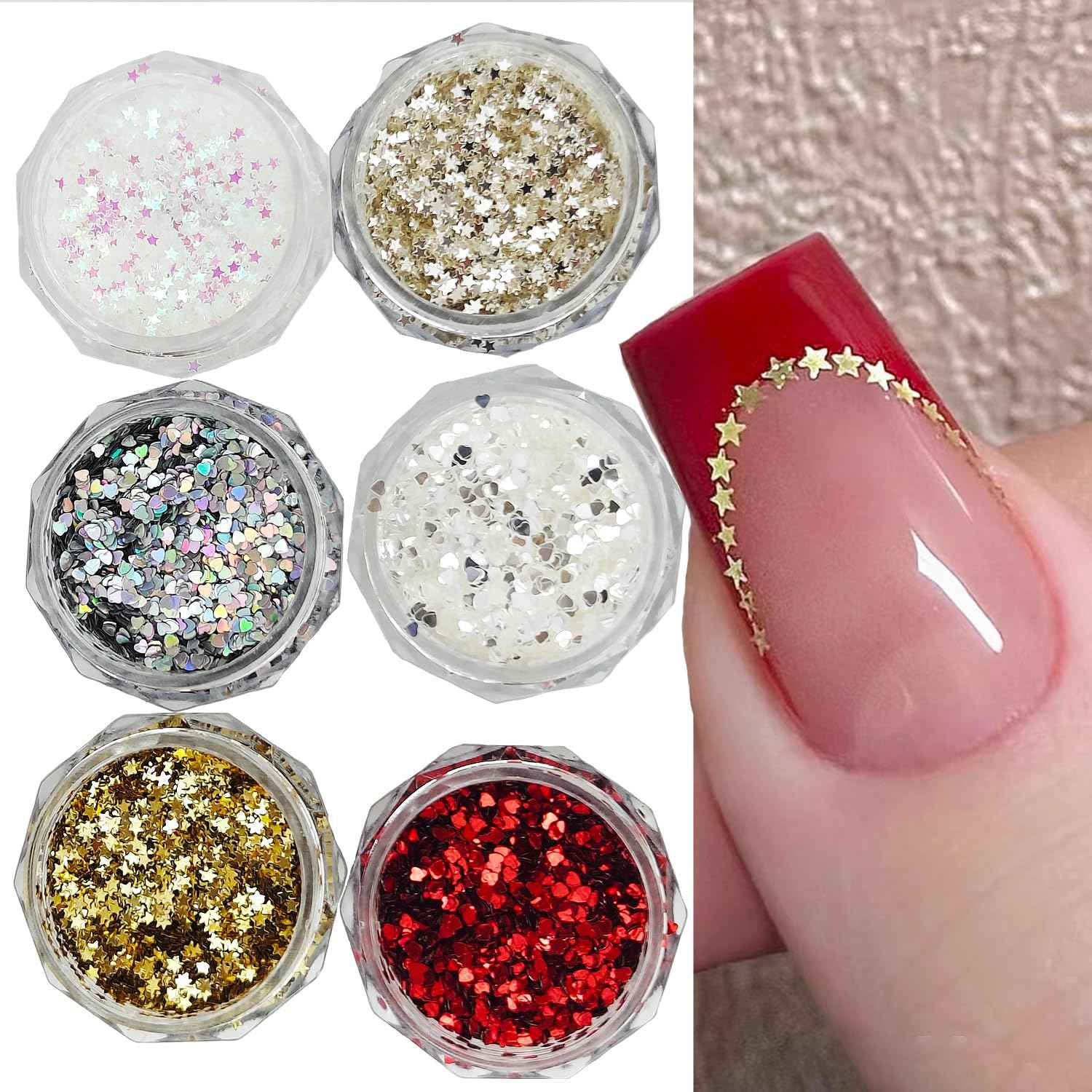 6 Colors Star Nail Glitter for Nails, Shuflame 1mm Holographic Heart Glitter para Uñas Nail Art Sequins for Craft, Epoxy Resin, Chunky Nail Glitter for Body Makeup and Manicure