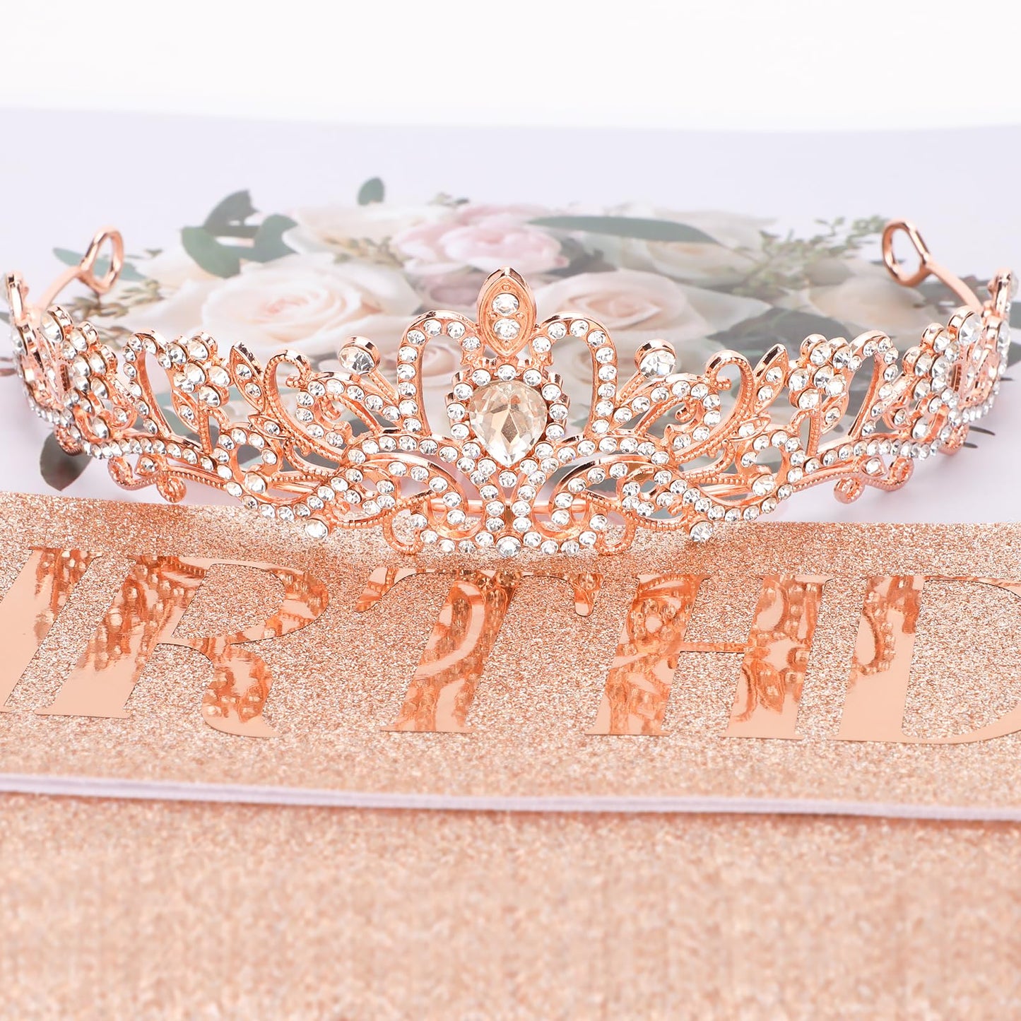 CIEHER Crystal Rose Gold Crown + Birthday Queen Sash + Pearl Pin Set, Birthday Crown and Sash Birthday Tiara for Women, Birthday Sash for Women Birthday Decorations and Birthday Gifts Girls