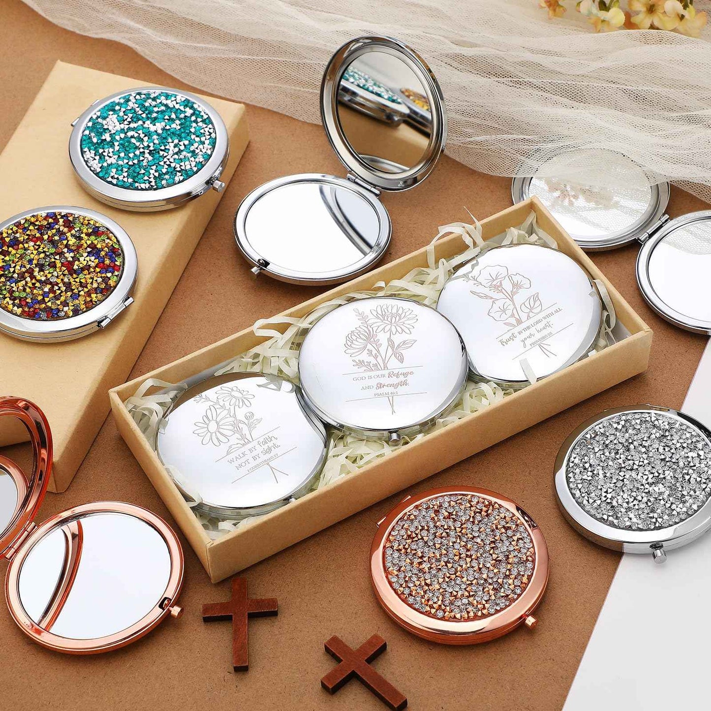 Weysat 10 Pcs Christian Compact Mirror Gifts for Women Bible Verse Metal Round Pocket Makeup Mirrors Bulk Christmas Inspirational Religious Church Party Favors for Women Nurse(Rose Gold, Silver)