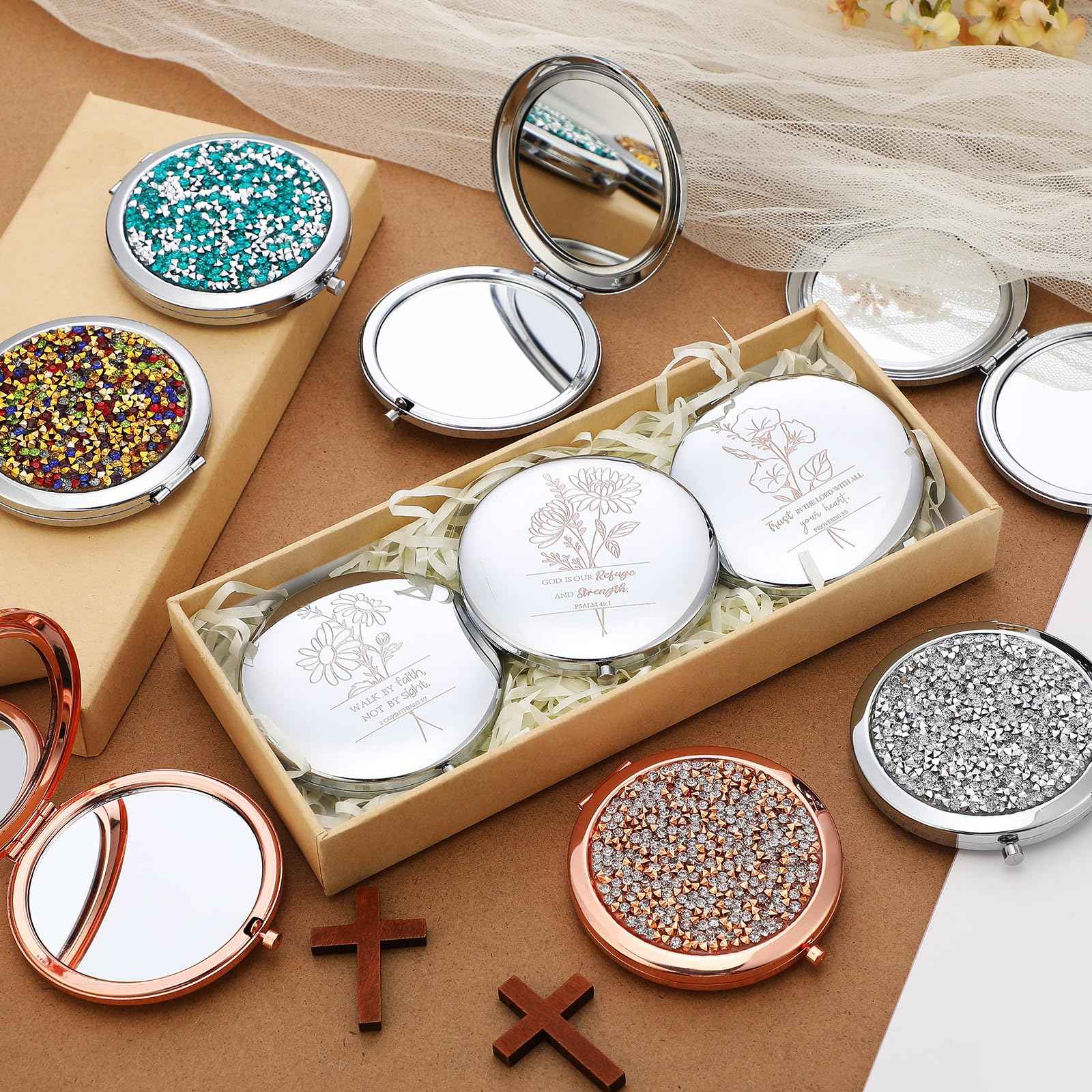 Weysat 10 Pcs Christian Compact Mirror Gifts for Women Bible Verse Metal Round Pocket Makeup Mirrors Bulk Christmas Inspirational Religious Church Party Favors for Women Nurse(Rose Gold, Silver)
