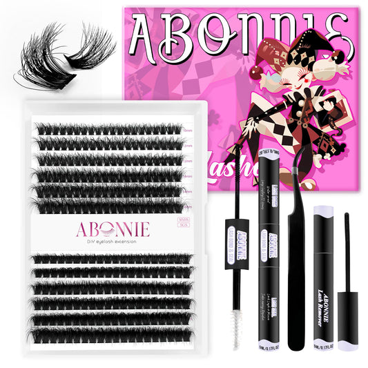 ABONNIE DIY Lash Extension Kit,Cluster lash Extensions Kit, 10-16mm Mix Wispy Lash Clusters, 60+80D Curl Lash Clusters Kit with Bond and Seal and Tweezer and Remover,at Home Lash Extensions Kits