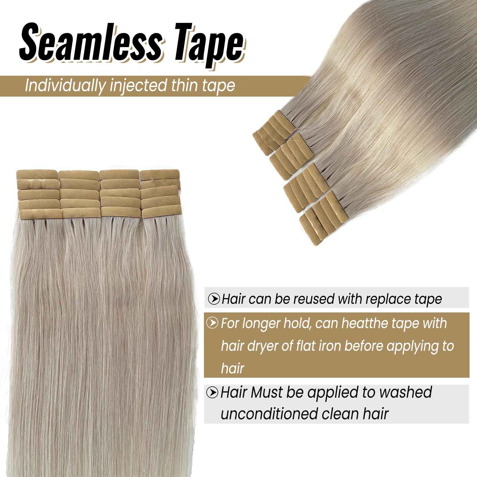 Tape in Hair Extensions Ice White Remy Human Hair Skin Weft Invisible Hair Extensions 18 Inch 50g/20pcs