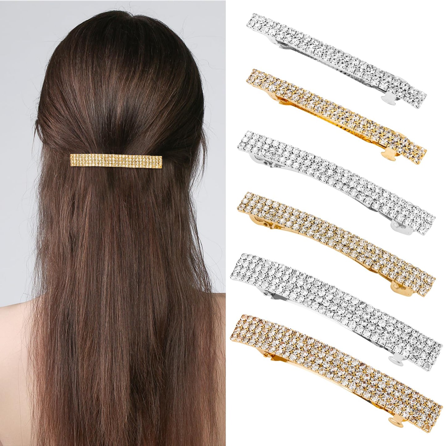 Crystal Rhinestone Hair Barrettes for Women: French Clips, Gold and Silver Metal Bling Hair Clasps, Sparkly Hair Accessories