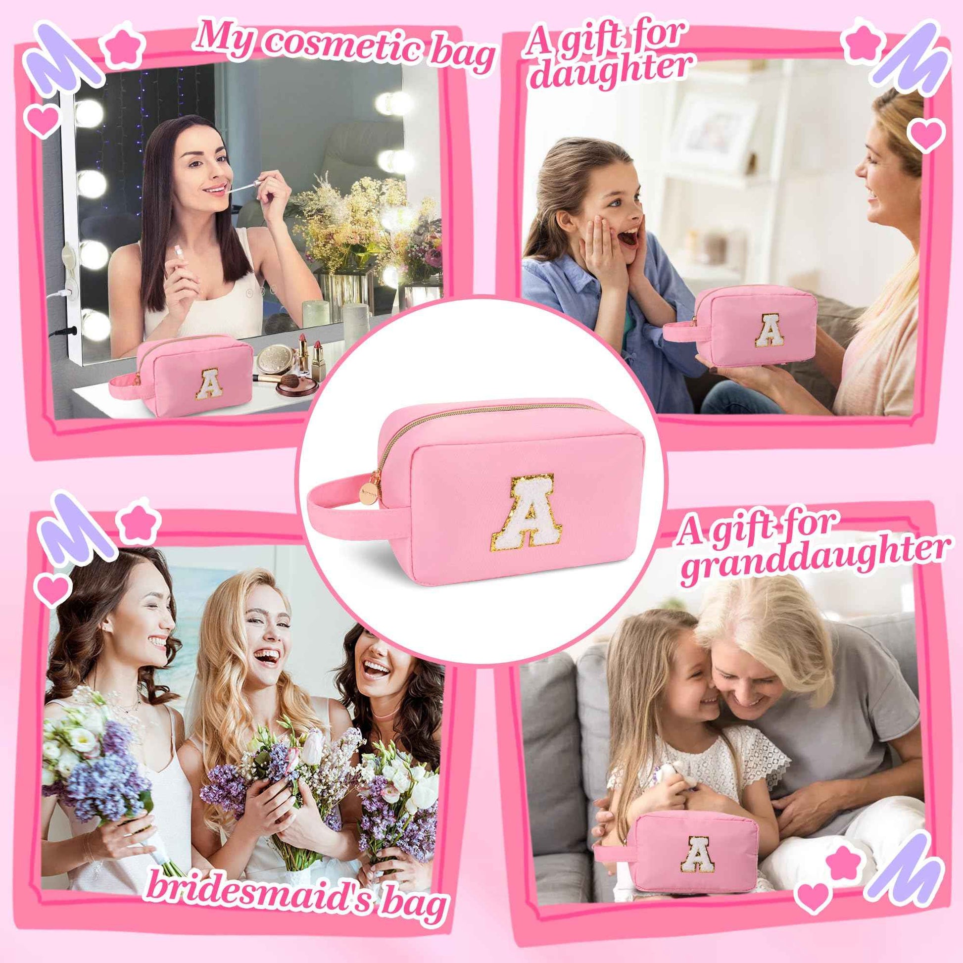 Aveniee Initial Makeup Bag for Women,Monogram Travel Make Up Bag Organizer With Handle,Personalized Cosmetic Toiletry Bag,Christmas Birthday Gifts for Women Teen Girls Daughter Teacher-Pink A