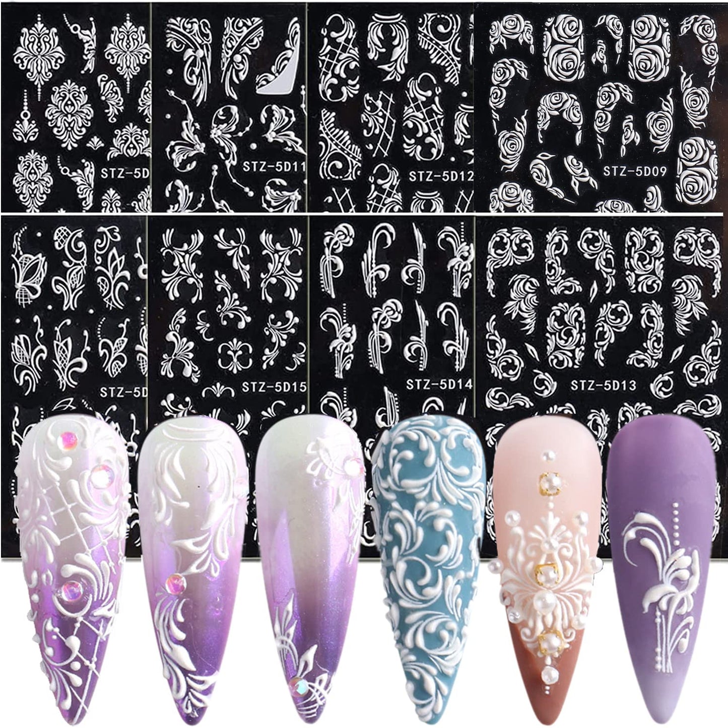 Nail Art Stickers 5D Embossed White Lace Nail Decals Self Adhesive Nail Supplies Nail Stickers for for Women Manicure Decoration DIY Nail Art Design