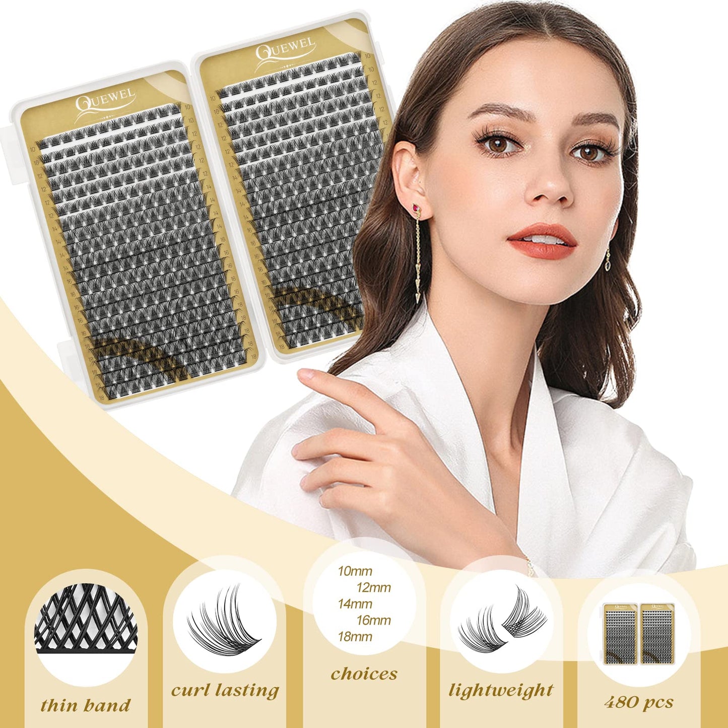 QUEWEL Lash Clusters 480 Pcs Individual Lashes Mix10-18mm Cluster Lashes Practical Soft Comfortable DIY Lash Extensions Lasting Enlarged Eyes (Natural-Mix10-18)