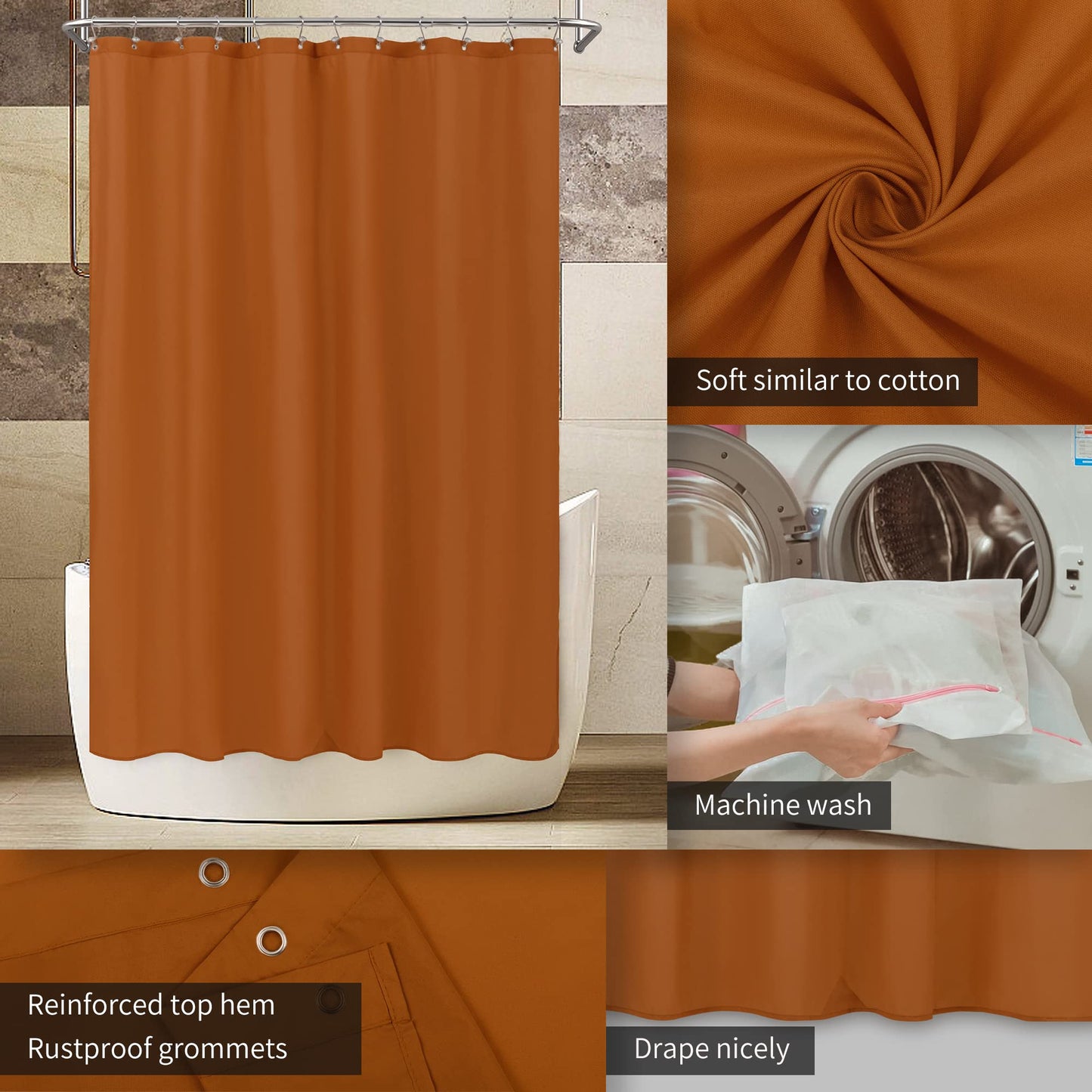 ALYVIA SPRING Burnt Orange Fabric Shower Curtain Liner Waterproof - Soft Hotel Quality Cloth Shower Liner with 3 Magnets, Light-Weight & Machine Washable - Standard Size 72x72, Burnt Orange