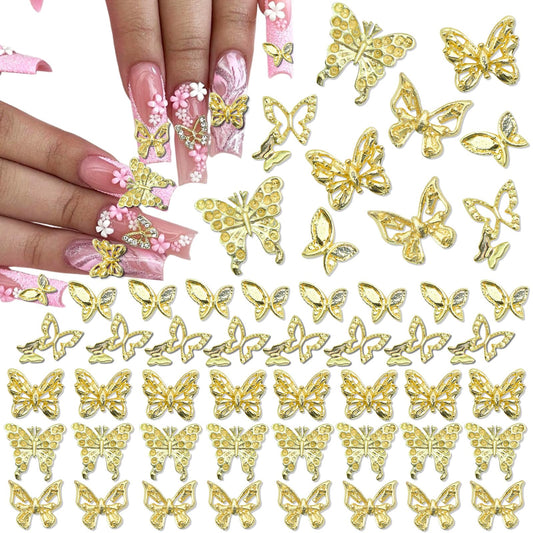 RODAKY 50PCS Butterfly Nail Charms 3D Gold Butterflies Charms for Nails Multi Shape Butterfly Nail Gems Cute Nail Decoration for Women's Acrylic Nails Manicure Design