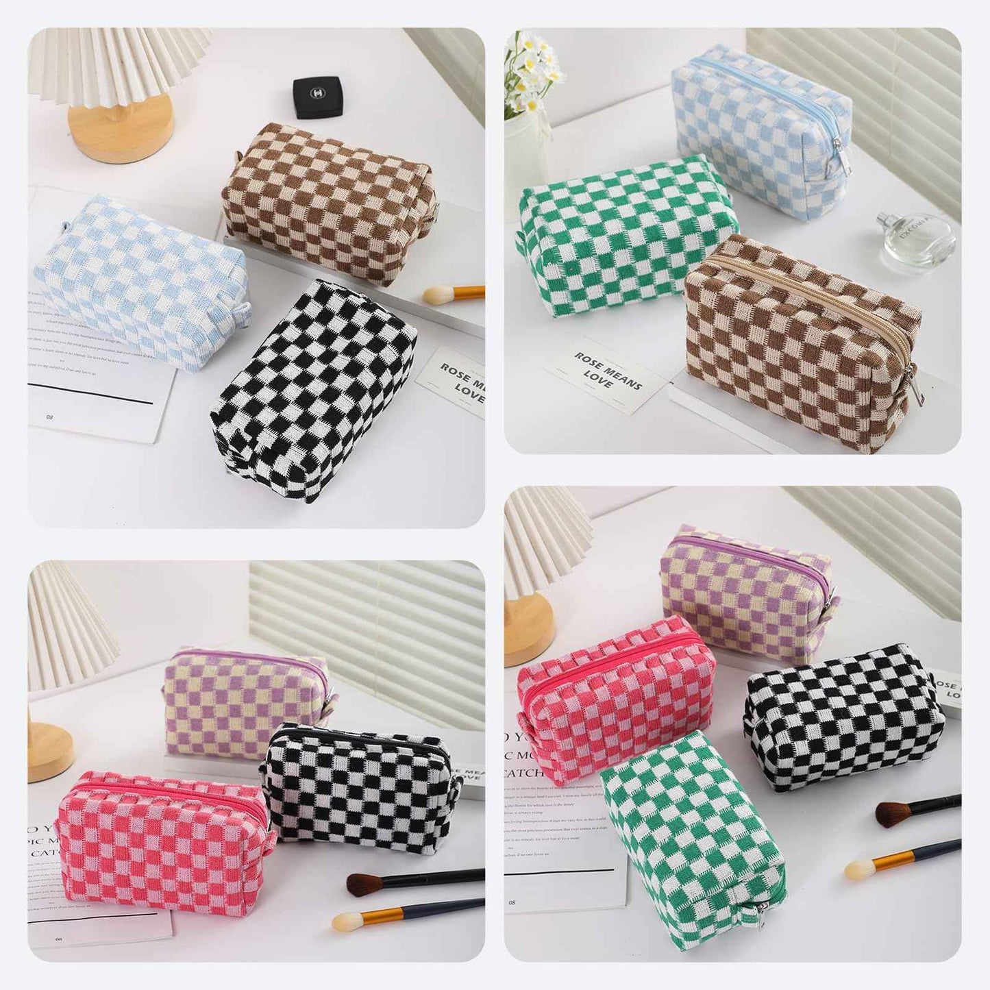 EYNDYN 12 PCS Checkered Makeup Bag Cosmetic Bag for Women Checkered Pouch Plaid Makeup Bag for Women Large Capacity Pencil Case Makeup Brushes Storage Bag Travel Toiletry Bag Organizer