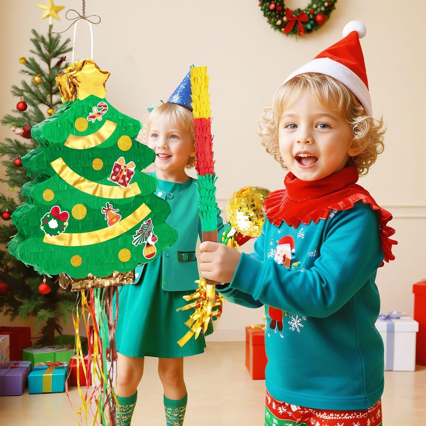 WERNNSAI Christmas Tree Piñata - Christmas Pull String Piñata for Kids Christmas Tree Piñata with Blindfold and Bat for Xmas Christmas Bday Party Supplies Christmas Games Christmas Gifts 16.5” x 12.4”