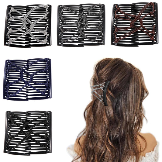 5 Pieces Stretchy Magic Adjustable Elastic Comb Hair Clips for Women Girls - No Crease Vintage Bun Maker Accessories for Curly Thick Wavy Hair Ponytails