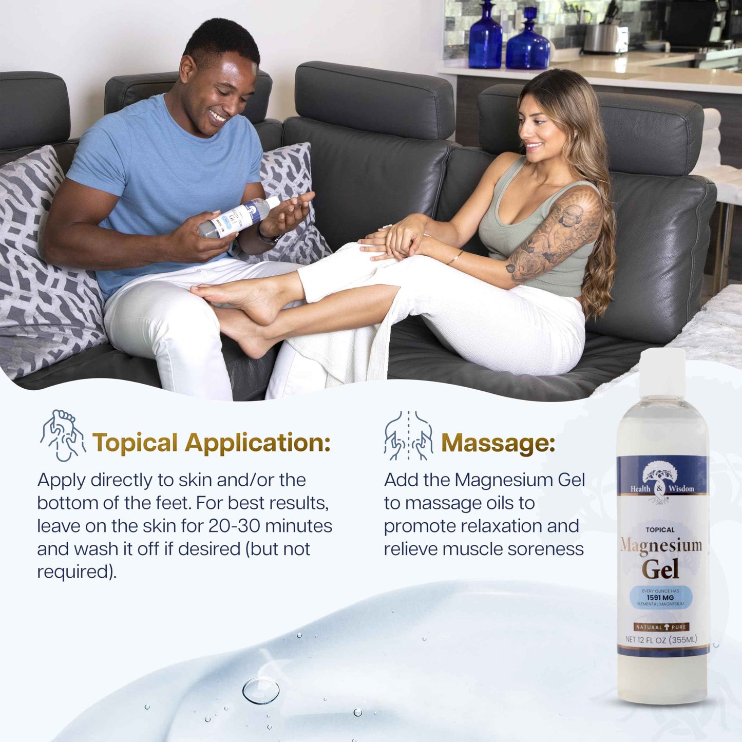 Health and Wisdom Pure Magnesium Gel with Seaweed Extract - Topical Muscle & Joint Relief- Natural and Pure Skin & Scalp Moisturizing - Enhanced Absorption - 12 Fl oz