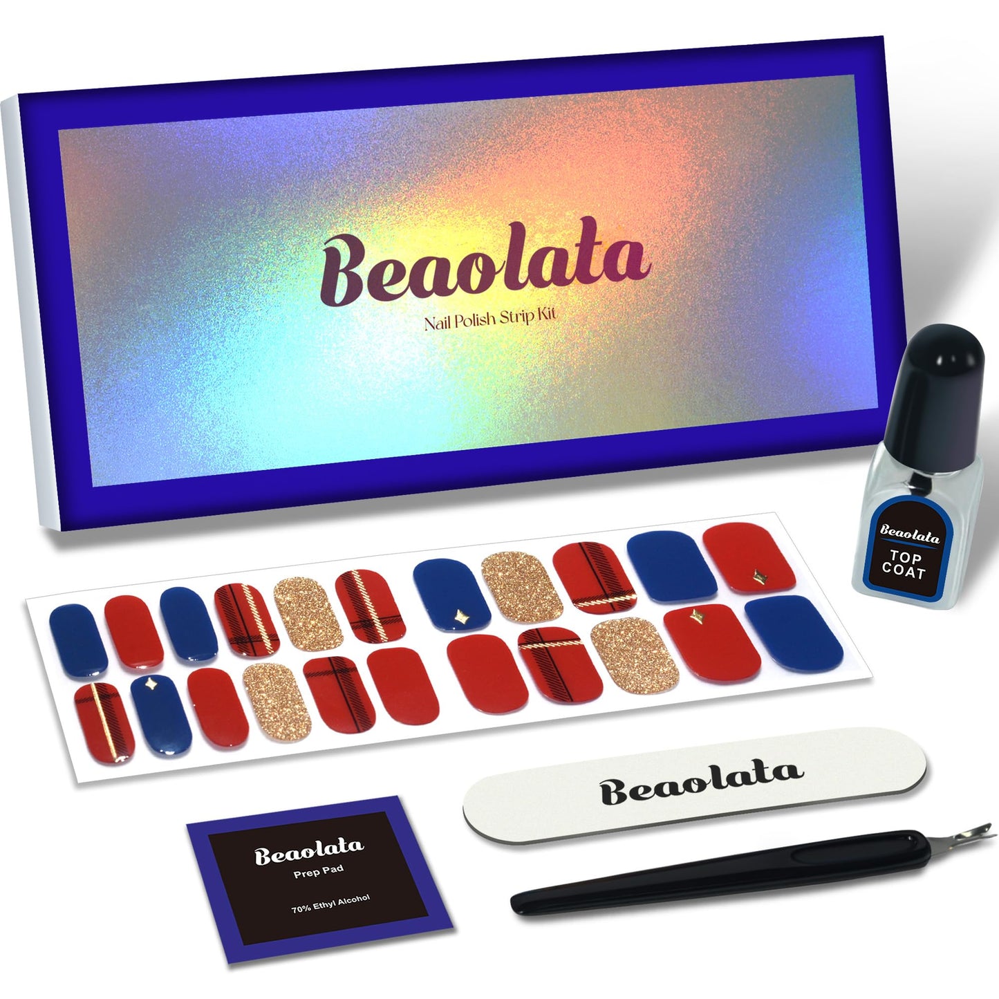 Beaolata Nail Polish Strips, 44 Nail Wraps, Nail Stickers, Gel Nail Strips, Easy Apply& Remove, Long Lasting, Salon Quality (Time in London Red&Blue&Gold)