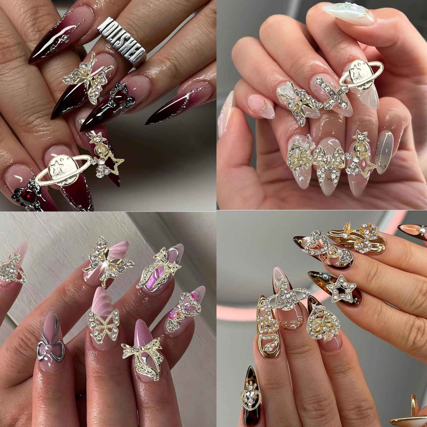 COOSLIM 30 Pcs 3D Y2K Nail Charms, Gold Cross Butterfly Star Cherry Heart Snake Nail Gems Charms, Bows Planet Nail Art Charms Rhinestones for Nail Art Design DIY Accessories B