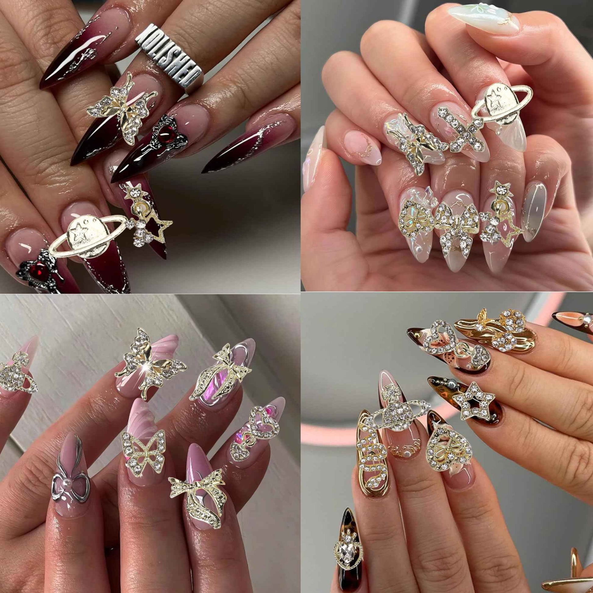 COOSLIM 30 Pcs 3D Y2K Nail Charms, Gold Cross Butterfly Star Cherry Heart Snake Nail Gems Charms, Bows Planet Nail Art Charms Rhinestones for Nail Art Design DIY Accessories B