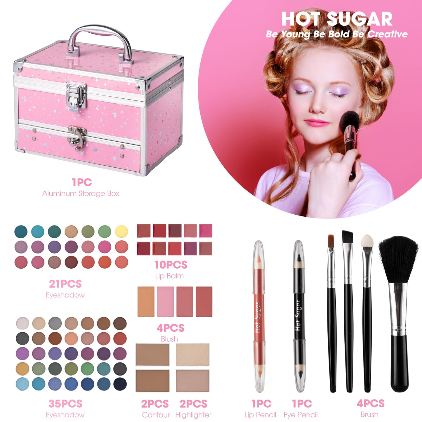 Hot Sugar Makeup Kit for Teens with Train Case, Portable Beginner Makeup Gift Set, Makeup Beauty Kit for Girls (PINK)