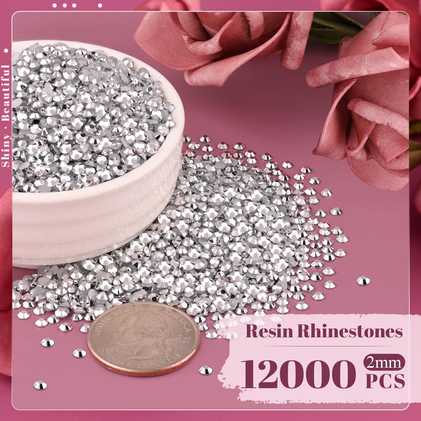 12000PCS 2mm Resin Rhinestones Bulk for Crafting (Silver), Flatback Bedazzling Crystals for Crafts DIY Nail Decoration, Gems Charms for Tumbler Shoes Clothing Fabric with Pickup Pen and Tweezers