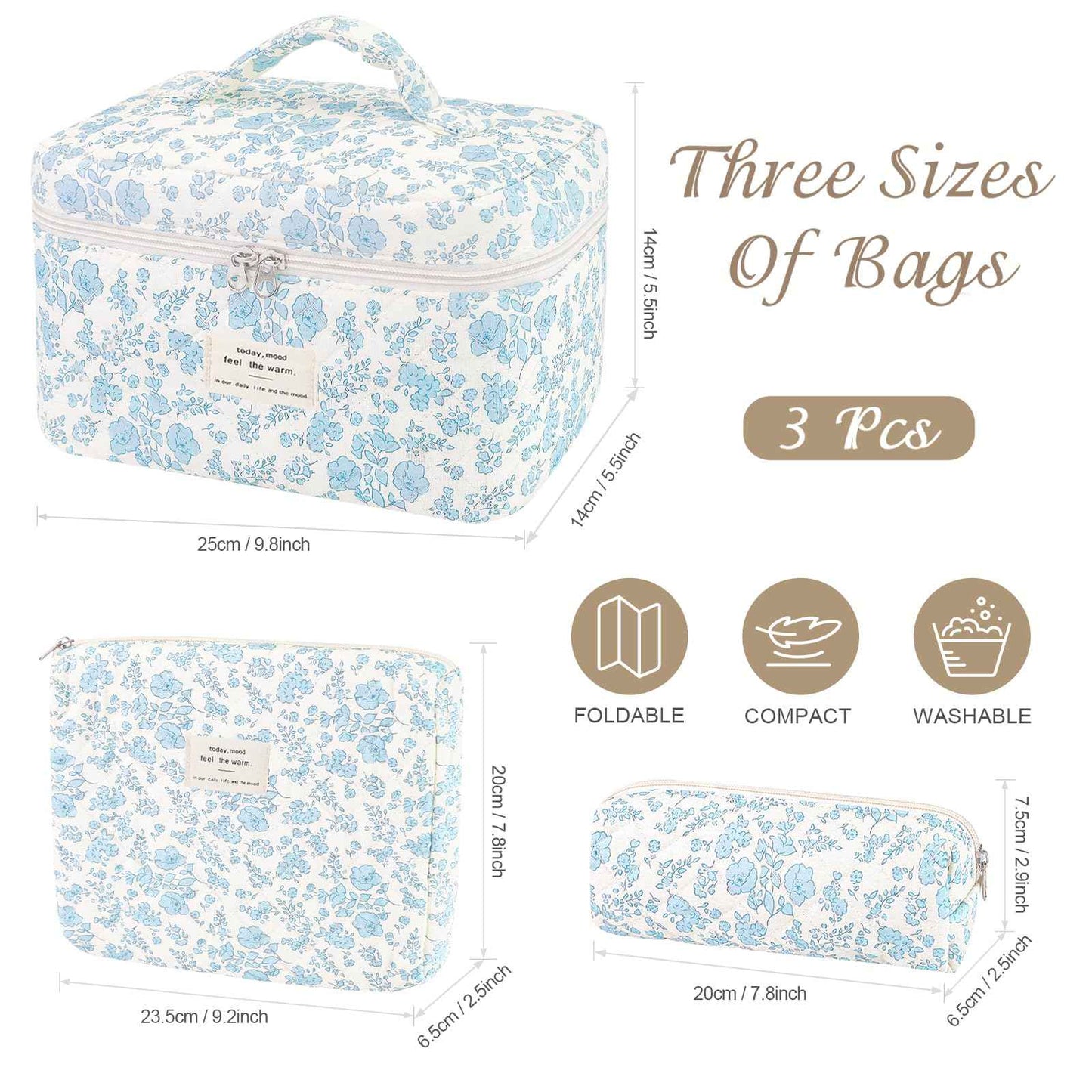 Givurao 3Pcs Cotton Quilted Makeup Bag for Women Girls, Large Floral Cosmetic Bag Set Cute Makeup Brushes Aesthetic Accessories Storage Bag Travel Toiletry Bag Organizer, Little Flower Blue