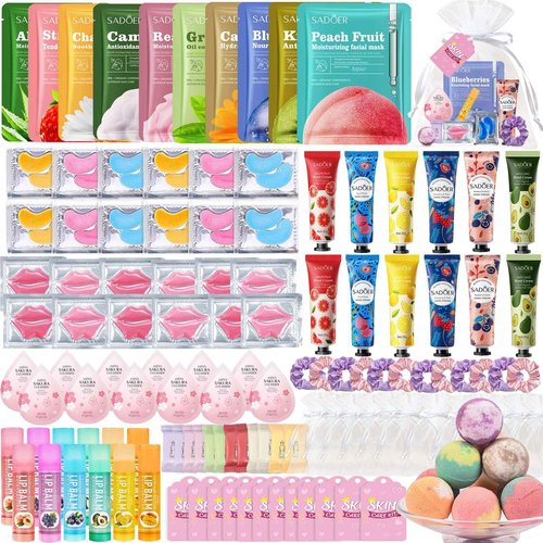 132 PCS Spa Party Supplies for Women, Spa Party Favors Includes Face Masks, Lip Masks, Eye Masks, Hand Cream, Lip Balm, Bath Bombs, Spa Birthday Sleepover Party Supplies Spa Party Favors