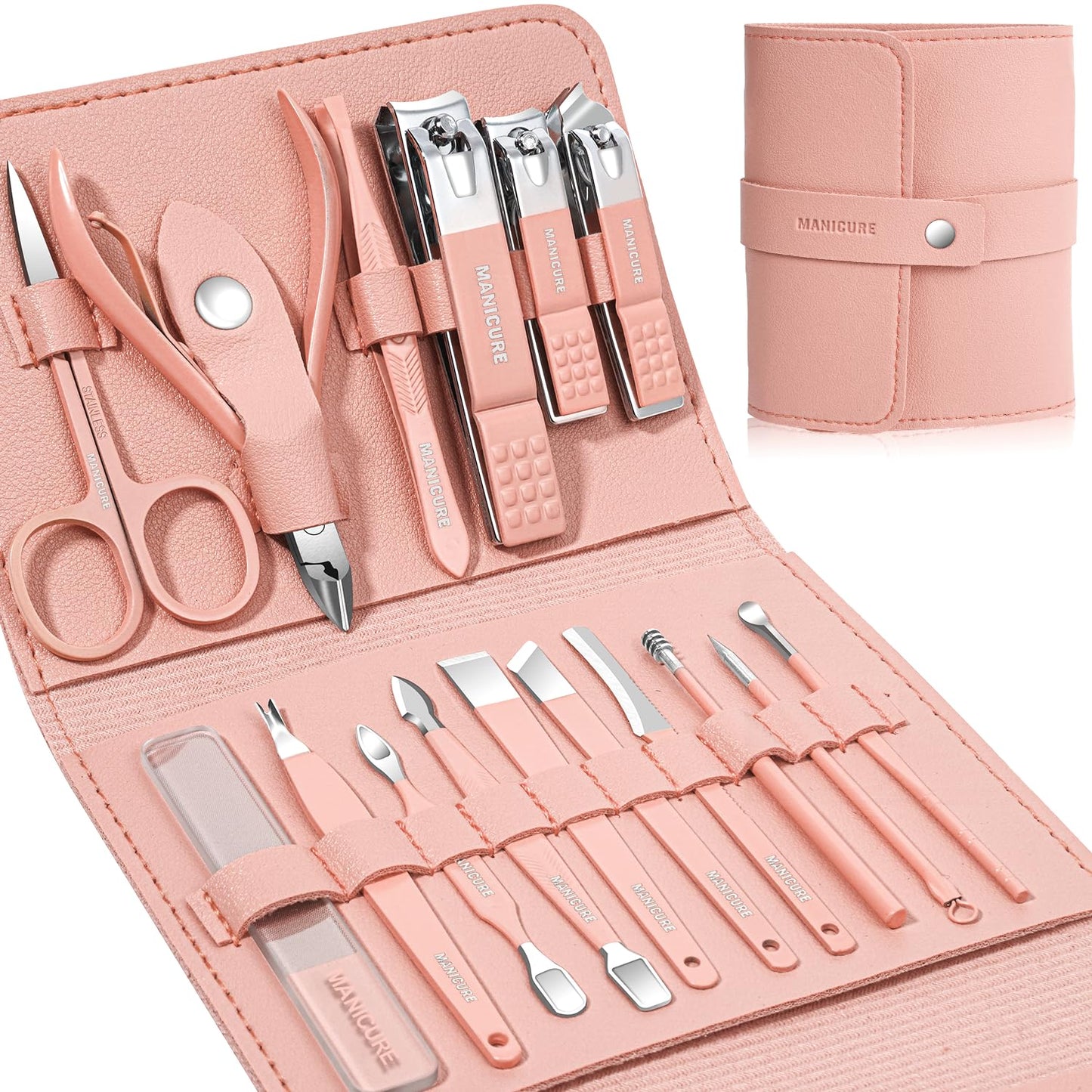 Manicure Set Professional Nail Clippers Pedicure Kit, 16 pcs Stainless Steel Nail Care Tools Grooming Kit with Luxurious Travel Leather Case for Thick Nails Men Women Gift (Pink)