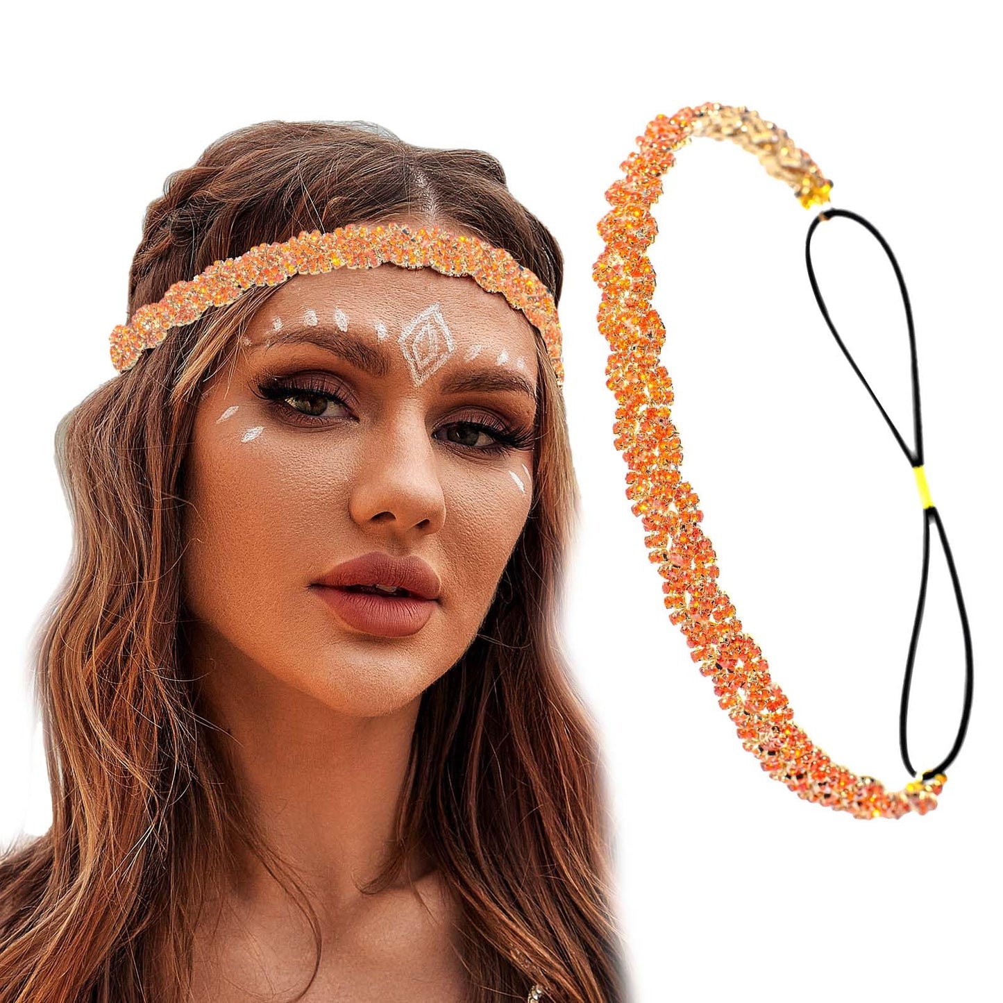 Zeelina Rhinestone Elastic Headband Crystal Head Chain Sparkly Headpieces for Women (Orange, Standard)