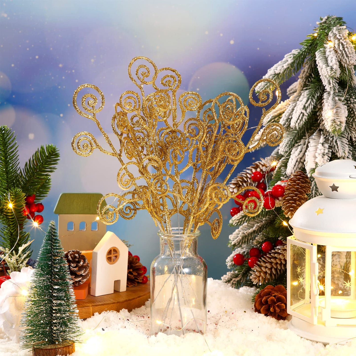 Ysleen 50 Pcs Glitter Christmas Tree Picks and Sprays Twigs Artificial Curly Stem Picks Ornaments 12 Inch Branches Sticks for Xmas Wreath Vase Fillers Gift Decoration(Gold)