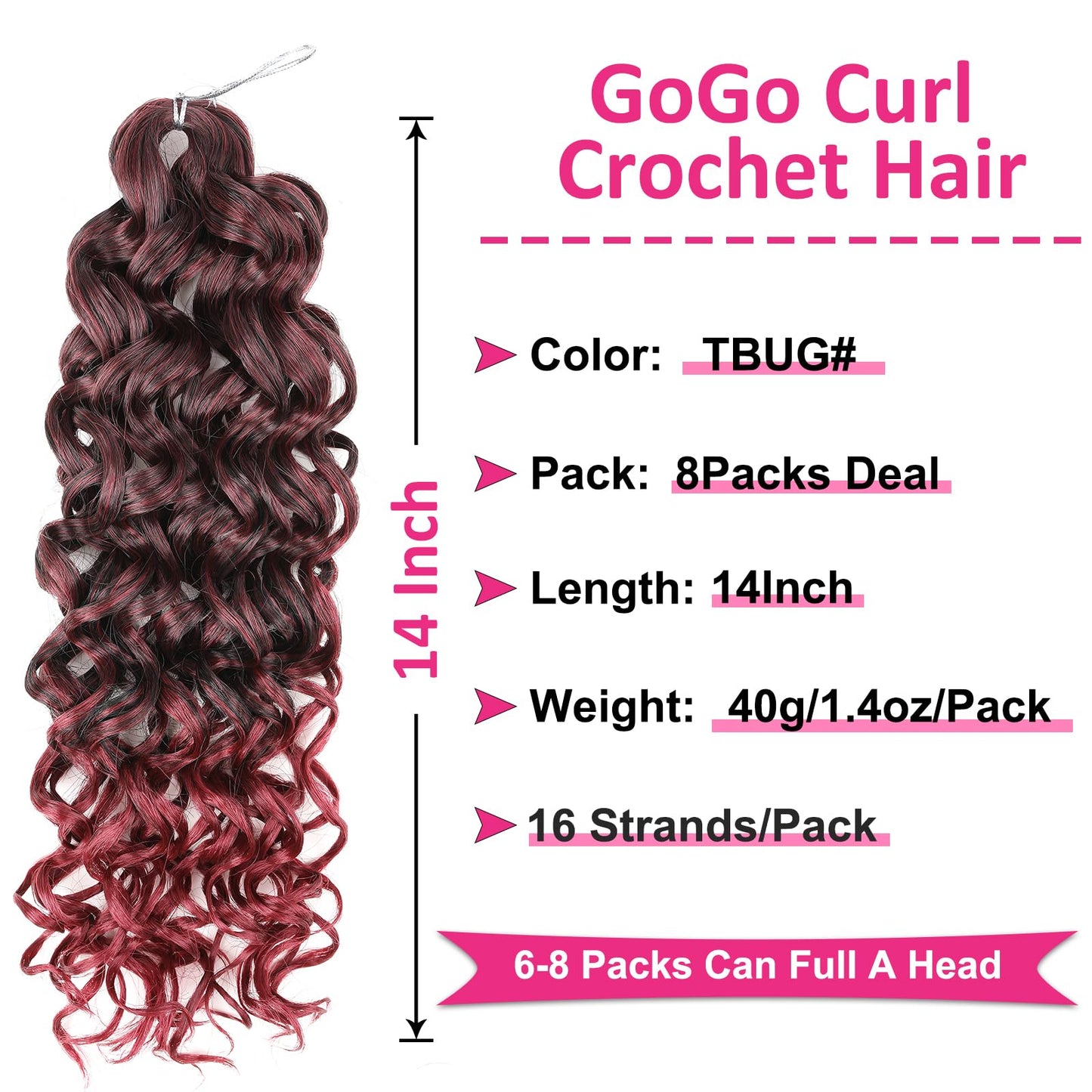 Unionbeauty 8 Packs GoGo Curl Crochet Hair 14 Inch Water Wave Crochet Braids for Black Woman Beach Curl Crochet Braids for Boho Box Braids Synthetic Ombre Burgundy Curly Braiding Hair Extension TBUG#