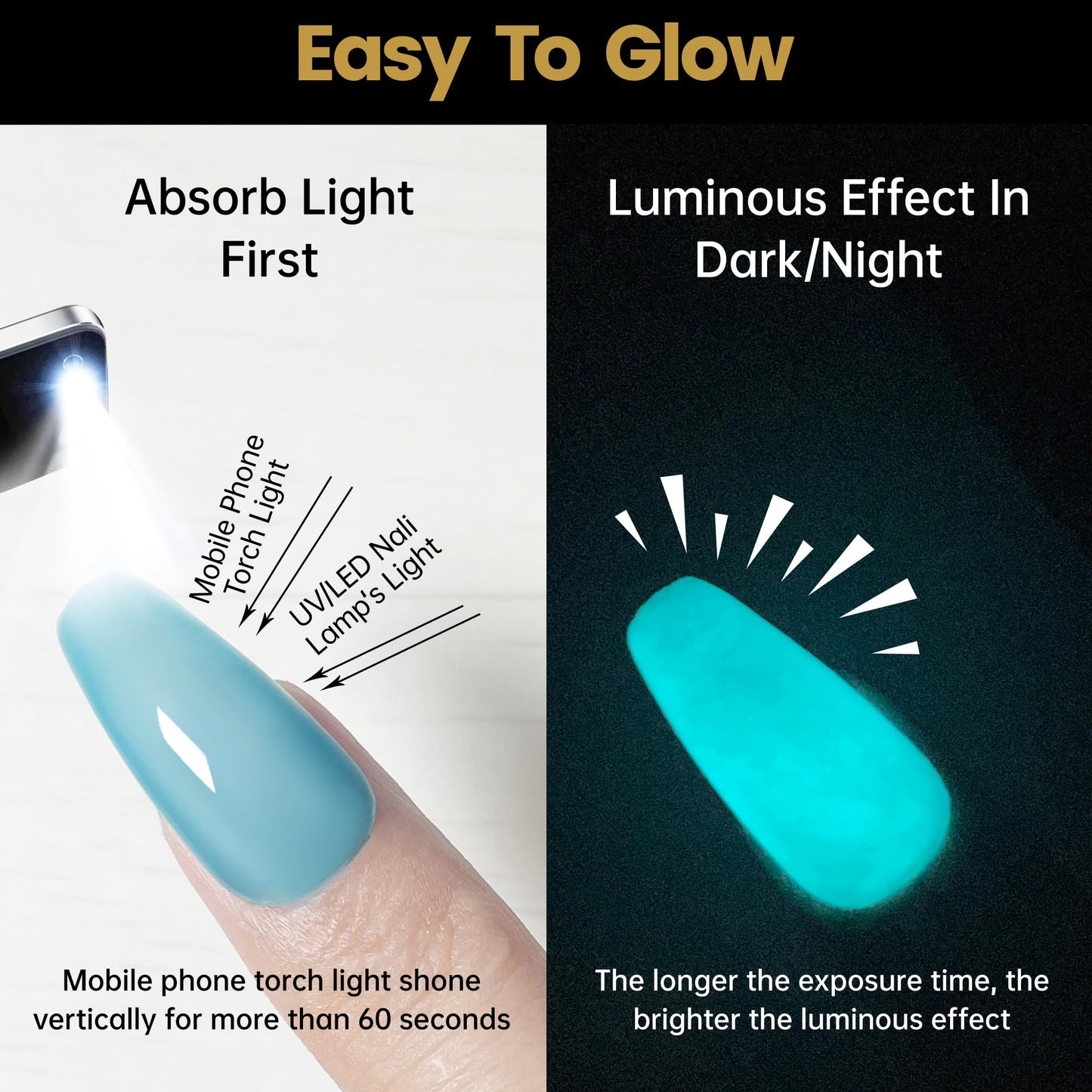 YTD Likomey Glow in the Dark Gel Nail Polish,15ml Translucent Light Blue Luminous Glow Effect UV Nails Gel,Fluorescent Bright Manicure Salon Home DIY UV Manicure Nail Art Varnish,YG01