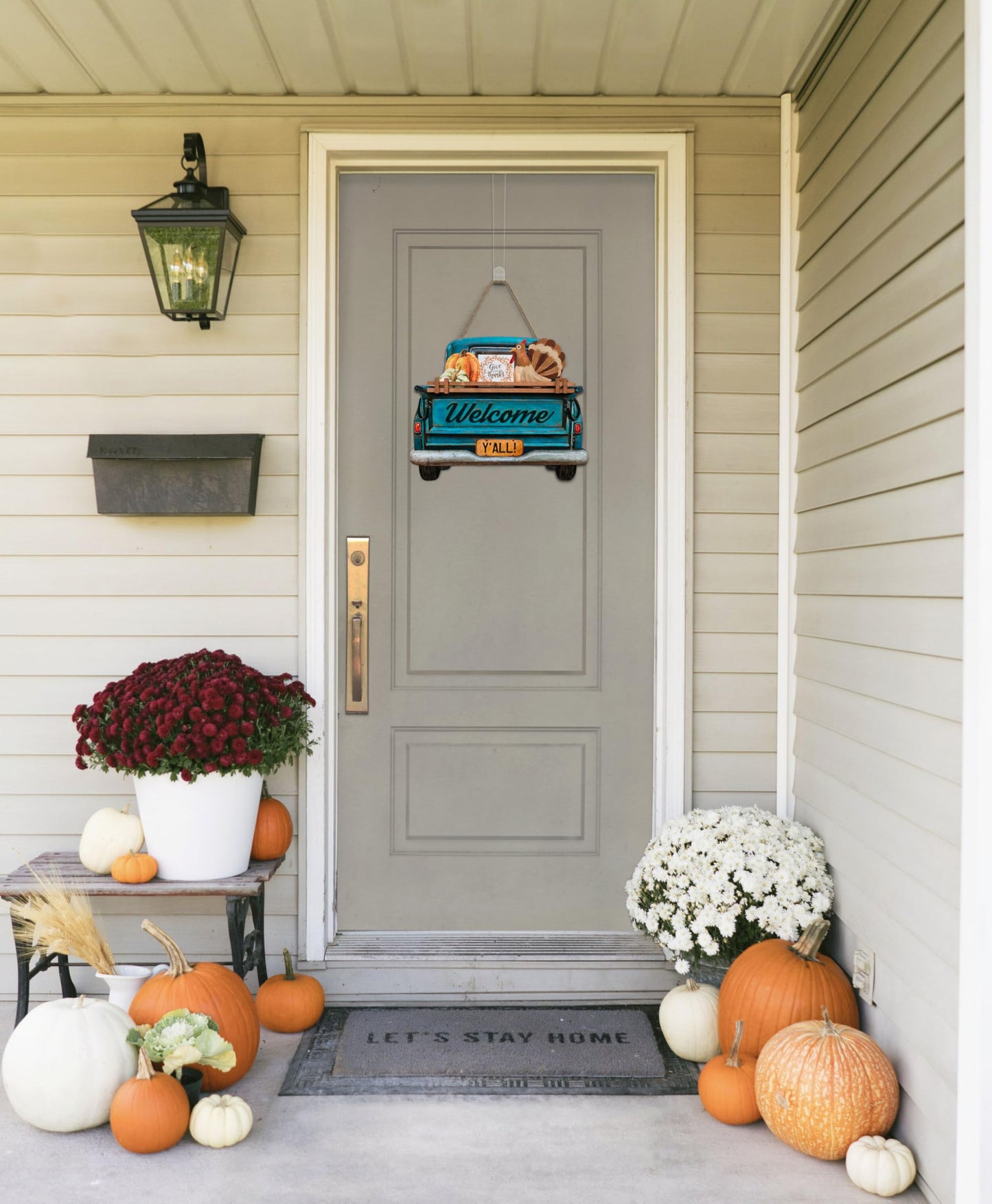 Interchangeable Welcome Sign for Front Door Blue Farmhouse Truck Decor Hanging Sign with 11 Interchangeable Seasonal and Holiday Decor Signs 12x14 in. (Blue Farmhouse Truck)