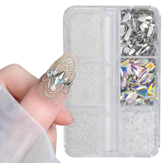 3D Nail Art Charms Silver Nail Micro Caviar Beads Rhinestones for Acrylic Nails Mix Size Multishape AB Nail Rhinestones Nail Crystal Studs Flatback Pearl Kit for Nail DIY Craft Decoration