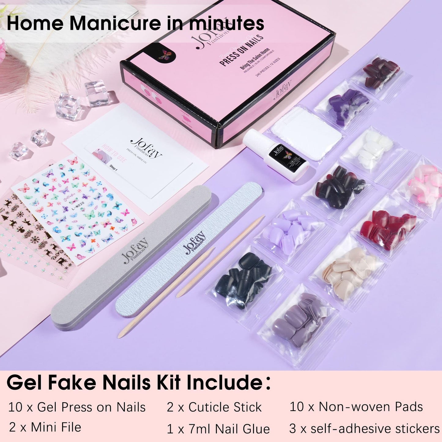 Gel Press On Nails Short Kit - 10Pack(240PCS) Fake Nails with Glue, Solid Color French Tips glue on nails set, Acrylic nails press on, Artificial False Nails, Stick on nails for Women