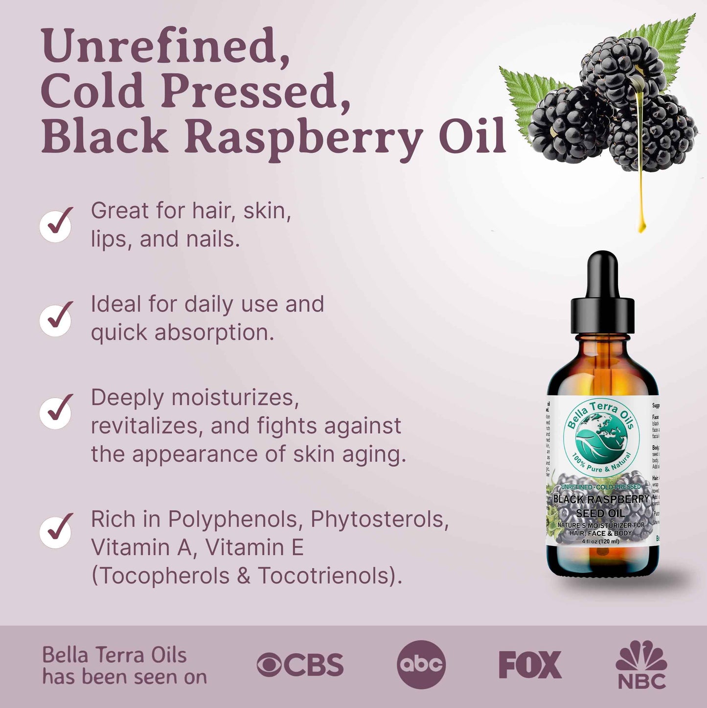 Bella Terra Oils - Black Raspberry Seed Oil 16 oz - Harness the Nutritional Excellence of Red Raspberry Oil, Abundant in Linoleic Acid & Alpha Linolenic Acid, The Ultimate Skin Luxury