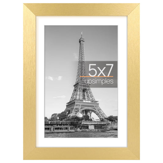 upsimples 5x7 Picture Frame, Display Pictures 4x6 with Mat or 5x7 Without Mat, Wall Hanging Photo Frame, Gold, 1 Pack