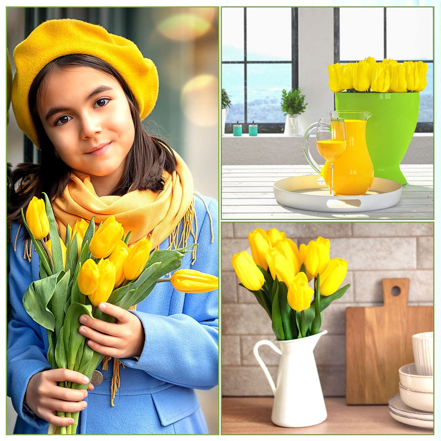 100 Pcs Artificial Tulip Real Touch Flowers False PU Tulips Faux Latex Bouquet Flower Centerpieces Arrangement Wedding Bridal Bouquet for Christmas Holiday Garden Home Decorations Party (Yellow)