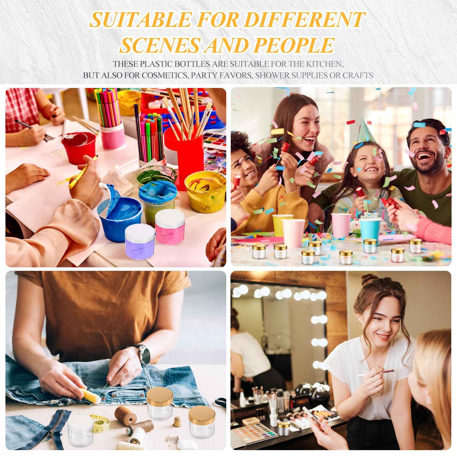 Patelai 48 Pack 6 oz Clear Plastic Jars with Gold Lids Empty Containers Round Clear Plastic Jars Wide-mouth Refillable Storage Organizers for Cosmetics Lotions Butters Slime Making and Food Storage