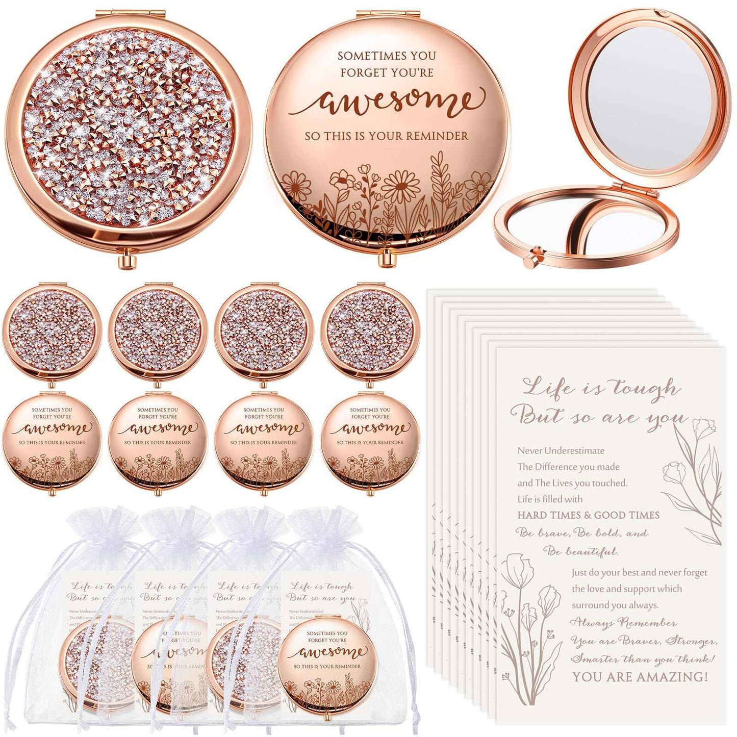 CroBlissful 10 Sets Christmas Women Gifts Inspirational Compact Mirror Makeup Rhinestone Purse Double Sided Folding Mirror with Gift Cards for Women Party Favors Nurse Adults