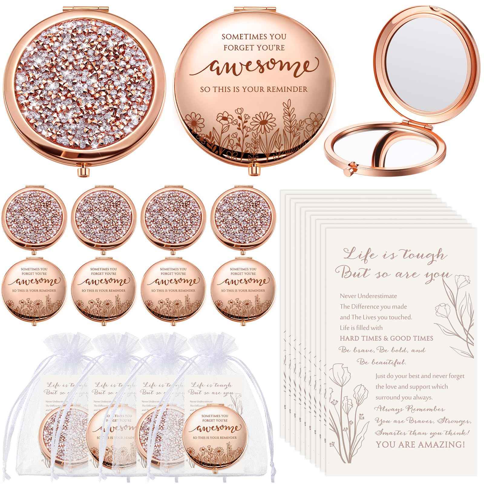 CroBlissful 10 Sets Christmas Women Gifts Inspirational Compact Mirror Makeup Rhinestone Purse Double Sided Folding Mirror with Gift Cards for Women Party Favors Nurse Adults