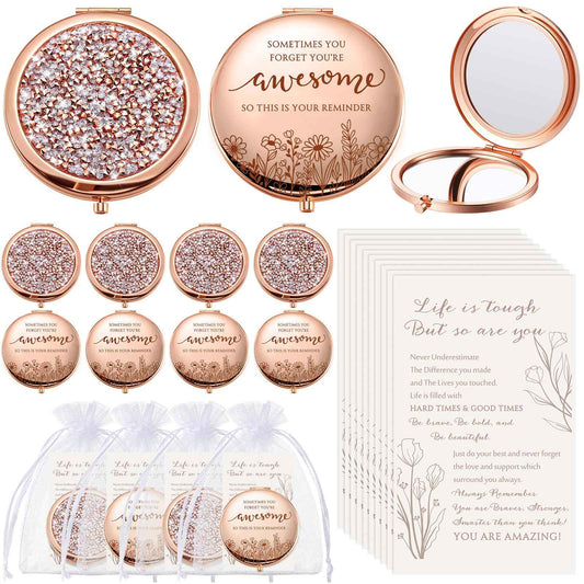 CroBlissful 10 Sets Christmas Women Gifts Inspirational Compact Mirror Makeup Rhinestone Purse Double Sided Folding Mirror with Gift Cards for Women Party Favors Nurse Adults