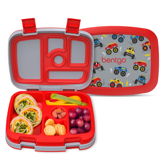 Bentgo Kids Prints Leak-Proof, 5-Compartment Bento-Style Kids Lunch Box - Ideal Portion Sizes for Ages 3-7, Durable, Drop-Proof, Dishwasher Safe, & Made with BPA-Free Materials (Trucks)