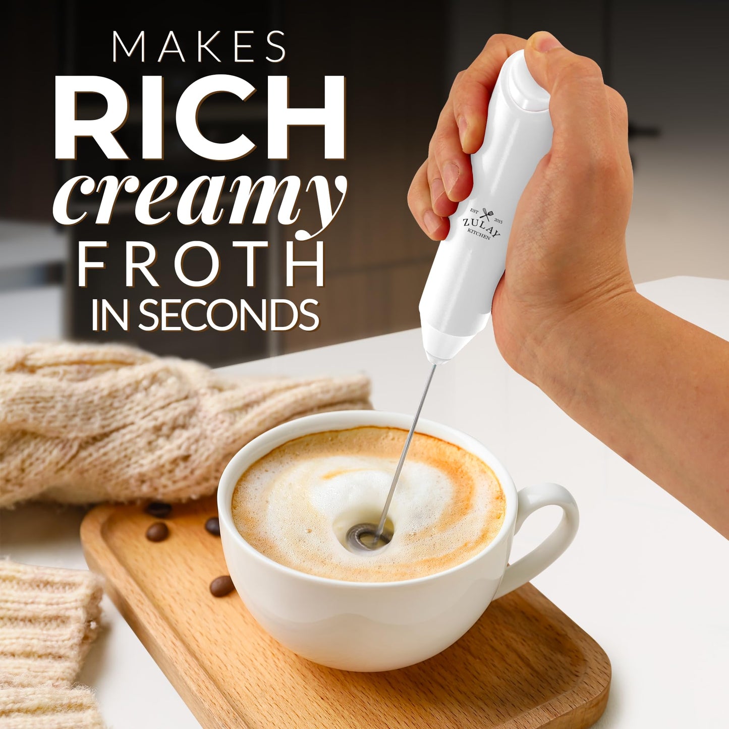 Zulay Kitchen Powerful Milk Frother Wand - Mini Milk Frother Handheld Stainless Steel - Battery Operated Drink Mixer for Coffee, Lattes, Cappuccino, Matcha - Froth Mate Milk Frother Gift - White