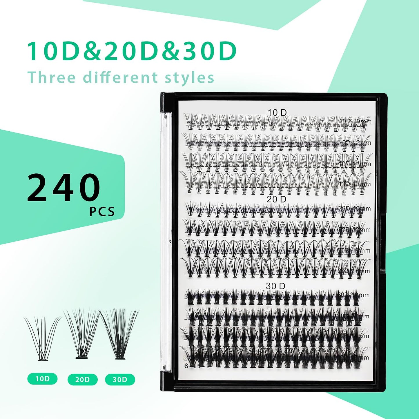 Bodermincer Lash Extension 240pcs C Curl 10D/20D Cluster Mixed, 8/9/10/11/12mm,10/11/12/13/14mm,12/13/14/15/16mm Mixed 8-10-12-14-16mm MIX Individual Cluster Lashes (50D-D Curl-9mm)