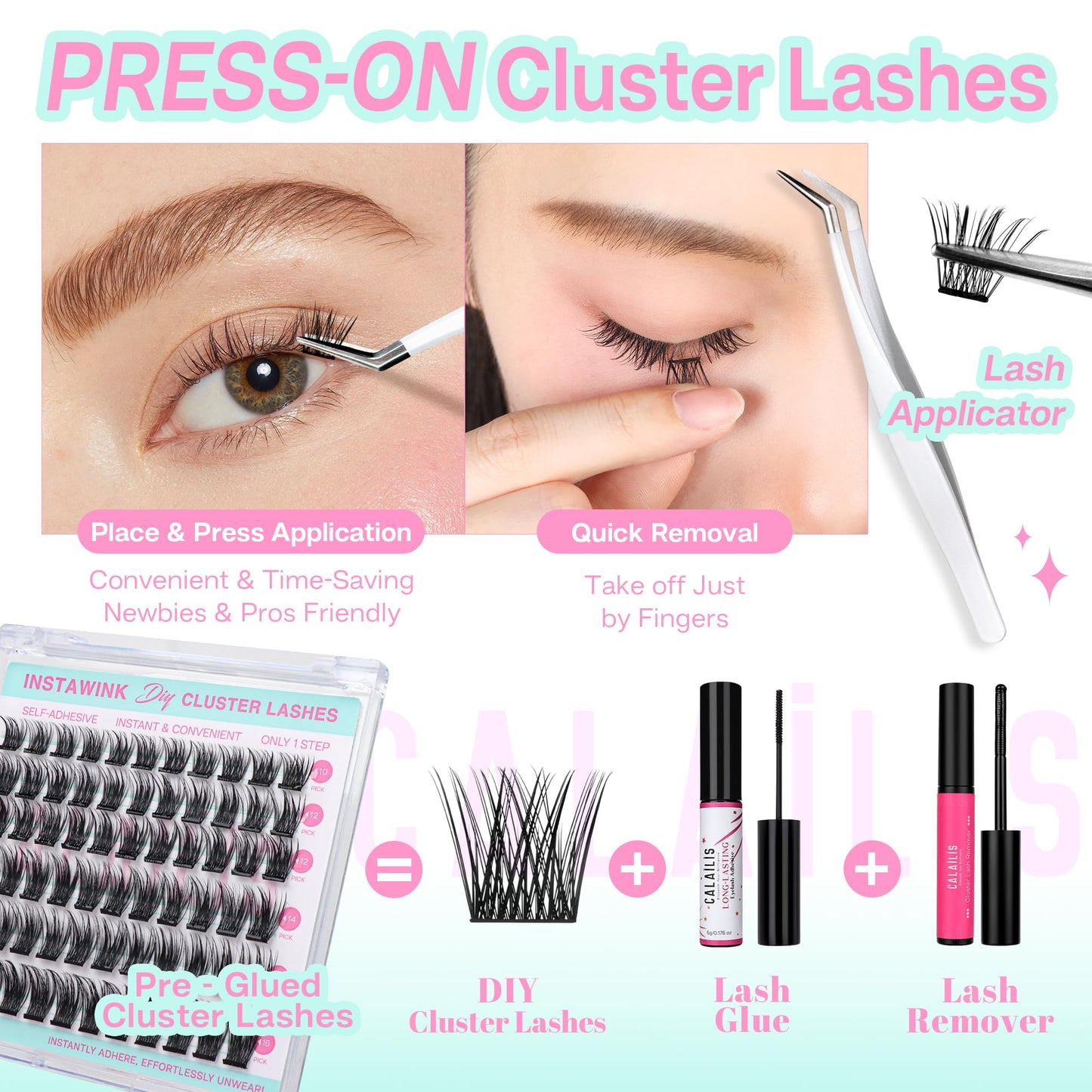 CALAILIS Self Adhesive Eyelashes 66Pcs D Curl Press on DIY CLuster lashes No Glue Needed Wispy Lash Clusters Pre Glued Reusable Glueless Eyelash Clusters Kit with Tweezers for Beginners (AC04)