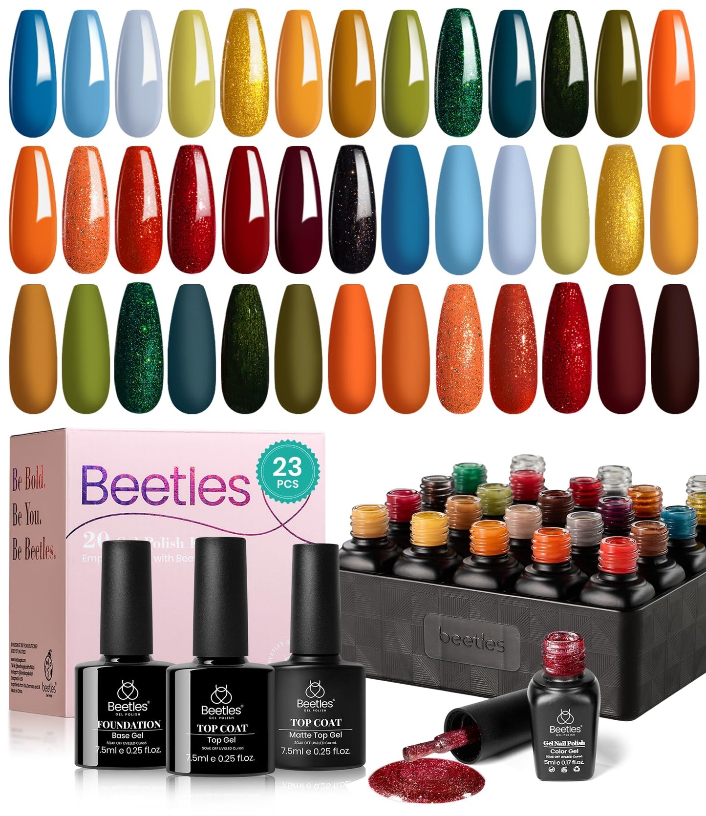 Beetles Fall Gel Nail Polish Set 20 Colors Nail Gel Polish Blue Red Brown Black Yellow Orange Green Gel Nail Polish Kit with Glossy Matte Gel Top Base Coat Soak Off Uv Gel Nail Lamp Gift for Women