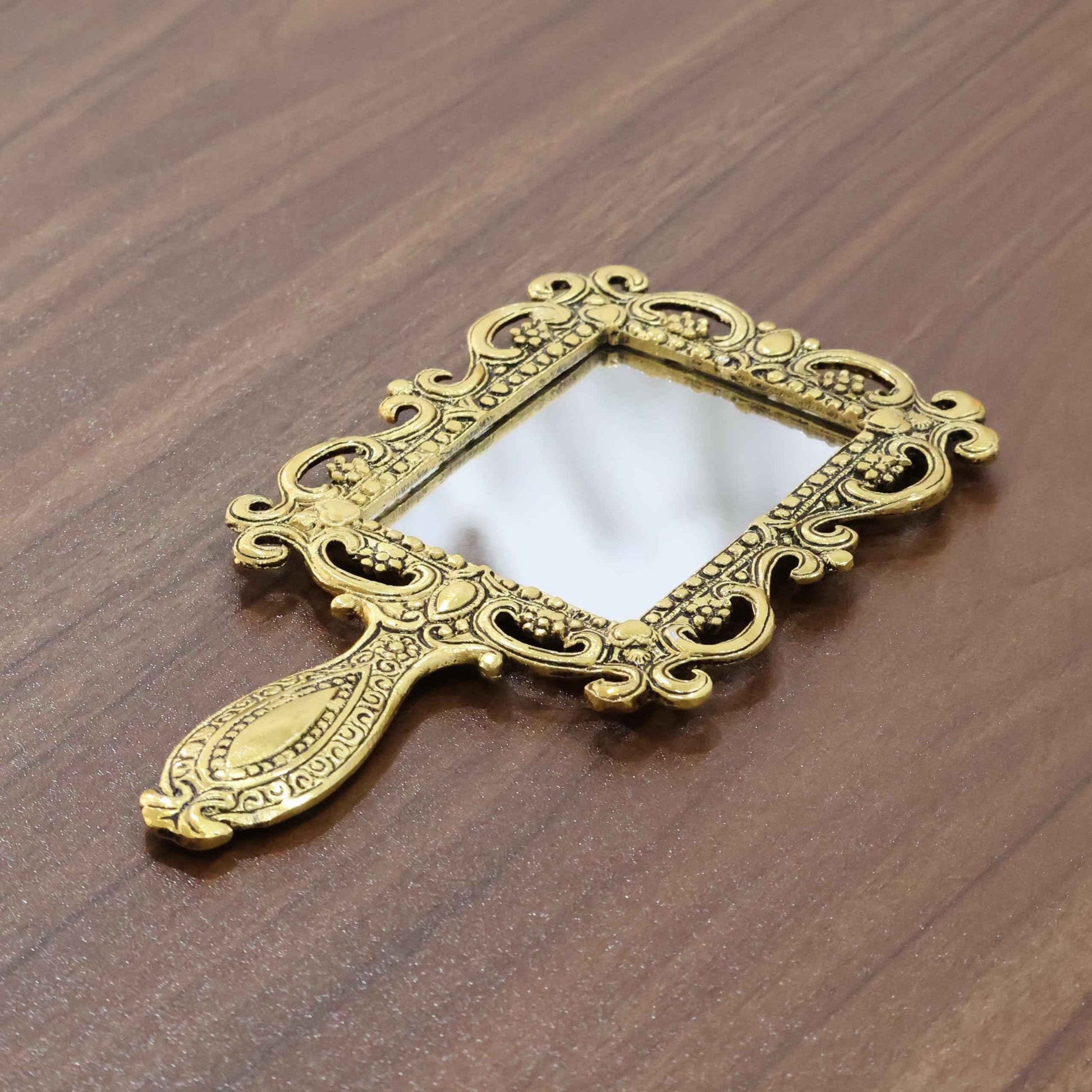 KridayKraft Beautifully Carved Square Shape Gold Plating Metal Hand Mirror for Makeup, Travelling, Salon Mirror & Decorative Antique Item, Framed